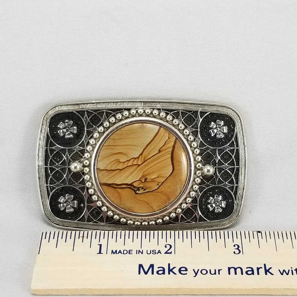 Vintage Belt Buckle Women's Unisex Western Filigree Stars Flowers Agate Cabochon
